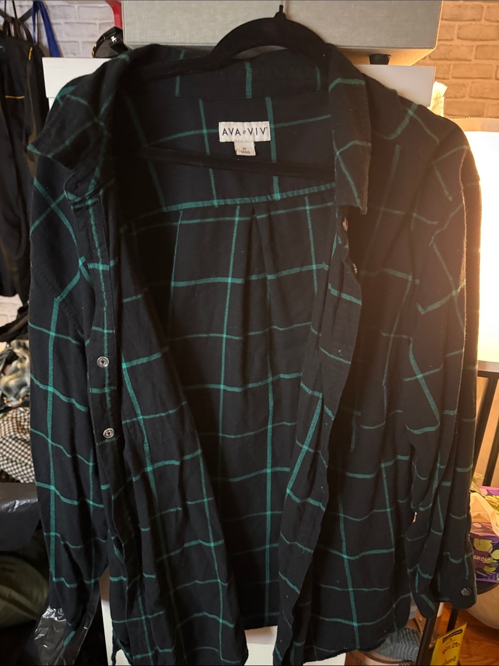 Ava & Viv Black Button-Down Shirt with Green Windowpane